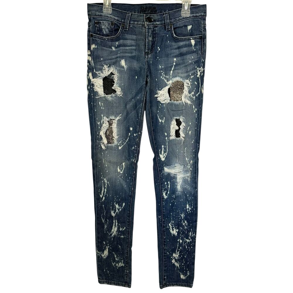 Bebe Destroyed Splatter Patchwork Rhinestone Skin… - image 2